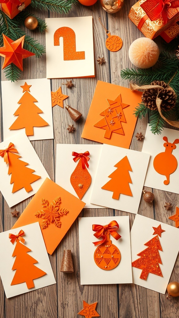 Handmade orange Christmas cards with festive designs on a wooden table surrounded by holiday decorations.